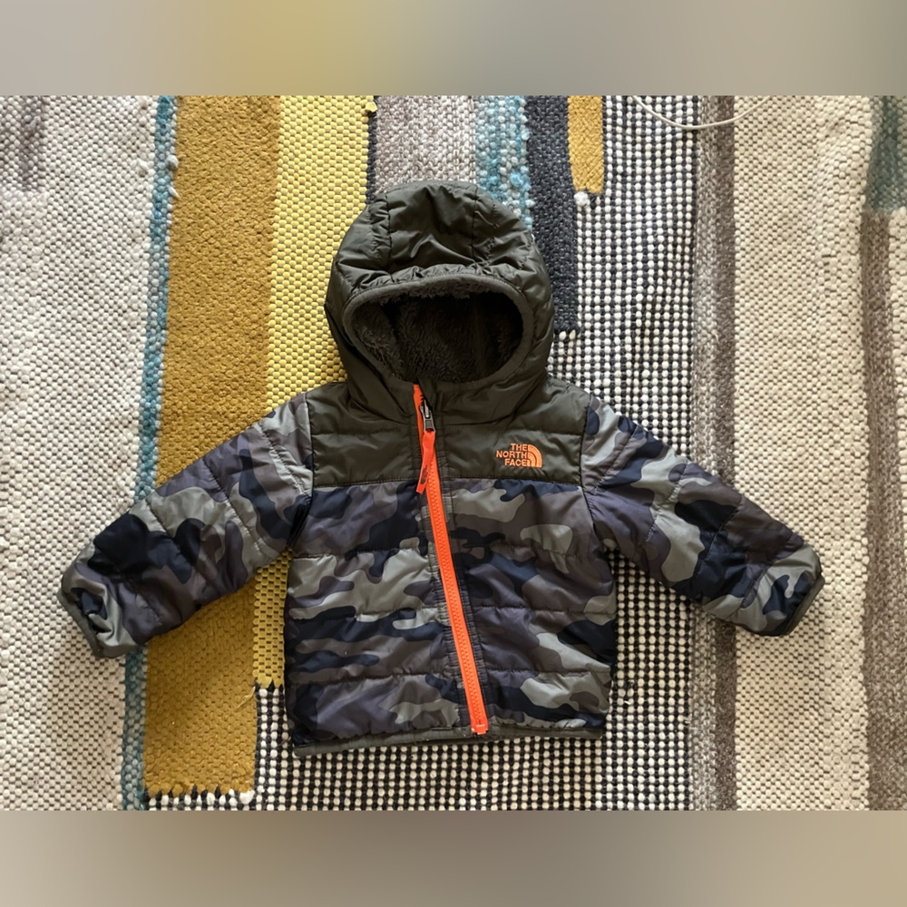 The North Face zip up puff hoodie size 6-12 months camo print